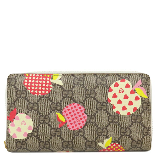 ＼最大5万円割引クーポン 4/4 20時から 数量限定／ グッチ GUCCI 長財布 レ ポム ジップアラウンド ウォレット GGスプリームキャンバス レザー ベージュ×ホワイト×レッド×ピンク ゴールド金具 アップル リンゴ 663924 【箱】【中古】