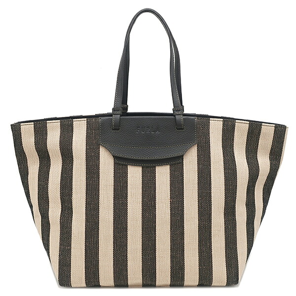 フルラ FURLA トートバッグ メラヴィリア キャンバス レザー ブラック×ベージュ ゴールド金具 ストライプ 黒 新品 未使用 WB00510 BX0635【中古】