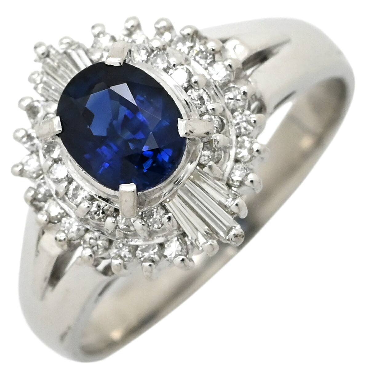＼最大5万円割引クーポン 4/4 20時から 数量限定／ リング 指輪 ブルーサファイア 0.66ct ダイヤ 0.28ct ブルー×プラチナシルバー 青 Pt900 プラチナ オーバル ヘイロー 花 10号【中古】