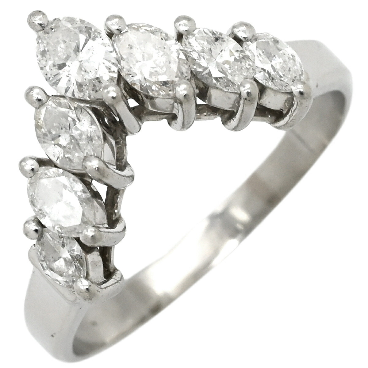 ＼最大5万円割引クーポン 4/4 20時から 数量限定／ リング 指輪 ダイヤ 0.80ct プラチナシルバー Pt900 プラチナ 7P 7石 7粒 パヴェ メレ V字デザイン Vライン マーキスカット 14号【中古】