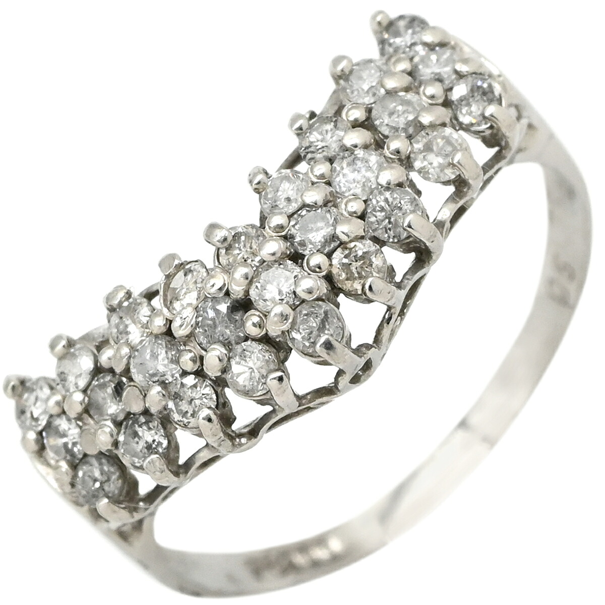 リング 指輪 ダイヤ 0.5ct プラチナシルバー Pt900 プラチナ パヴェ メレ 3列 3連 V字デザイン Vライン ボリューム 12号【中古】
