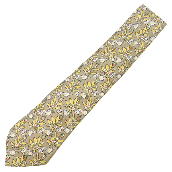 ＼最大5万円割引クーポン 4/4 20時から 数量限定／ エルメス HERMES ネクタイ クラバット 9cm シルク ベージュ×マルチカラー 植物柄 ティーポット 【中古】