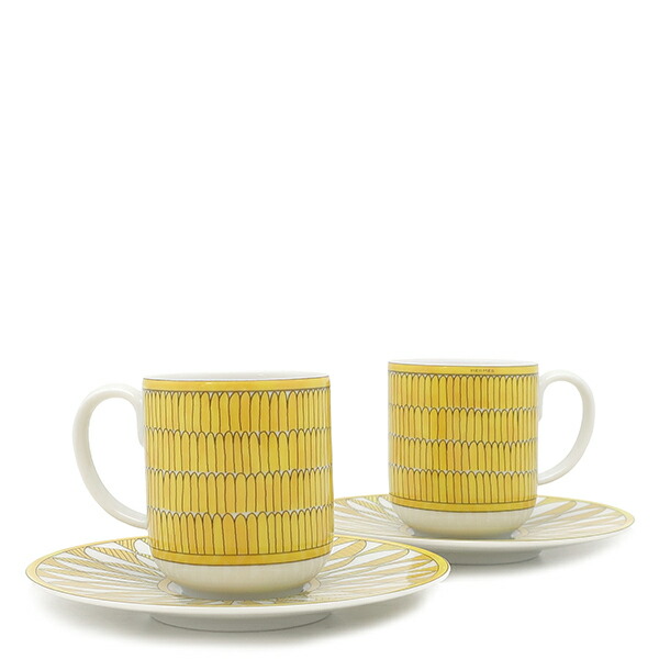 ＼最大5万円割引クーポン 4/4 20時から 数量限定／ エルメス HERMES 食器 コーヒーカップ＆ソーサー ソレイユ ドゥ エルメス 2セット 磁器 ポーセリン イエロー×ホワイト 新品 未使用 P046017P 【箱】【中古】