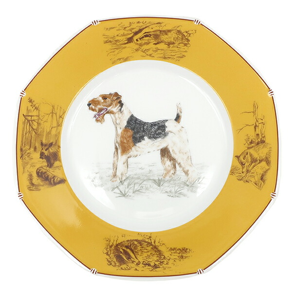 エルメス HERMES 食器 シャス ワイヤーフォックステリア 八角 磁器 イエロー×ホワイト 黄色 白 犬 プレート ポーセリン 【箱】【中古】