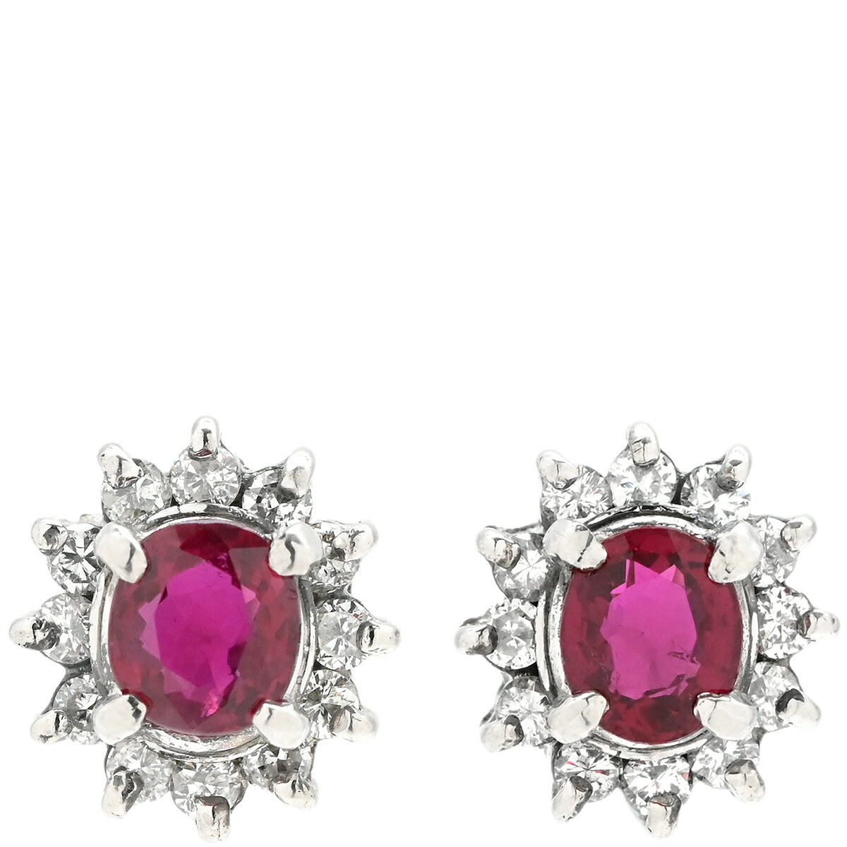 ピアス ルビー ダイヤ プラチナシルバー×レッド 赤 Pt900 オーバル フラワーモチーフ 花 0.30ct 両耳 【中古】