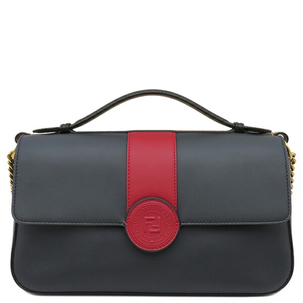 ＼最大5万円割引クーポン 数量限定／ フェンディ FENDI ショルダーバッグ ダブルF チェーンショルダー レザー ネイビー×レッド ゴールド金具 紺 赤 ダブルフェイス 8BT297【中古】