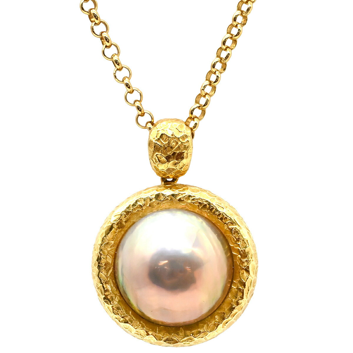 タサキ TASAKI ネックレス 大粒パール ペンダント グレー×イエローゴールド Au750 18K 18金 YG たたき加工 ヴィンテージ 半円形 パール 15mm 【中古】 199,000円