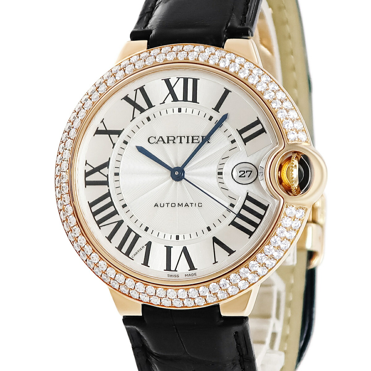 カルティエ Cartier バロンブルー ドゥ カルティエ LM WE900851 K18RG無垢 純正ダイヤ デイト ローマン メンズ 腕時計自動巻き シルバー 【中古】