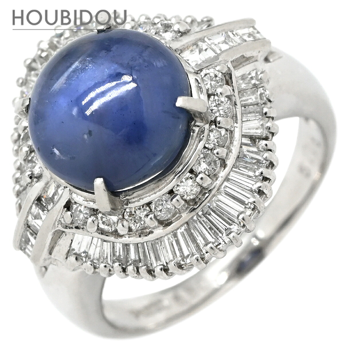 ＼最大5万円割引クーポン 4/4 20時から 数量限定／ リング 指輪 スターサファイア 6.5ct ダイヤ 1.19ct ブルー?プラチナシルバー 青 Pt900 オーバルカボションカット 天然石 11号【中古】