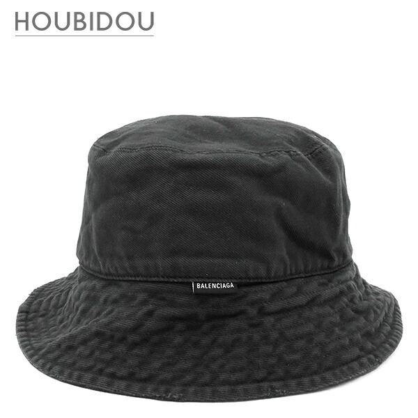 バレンシアガ BALENCIAGA 帽子 ロゴタグ バケットハット コットン ブラック S 黒 帽子 ヴィンテージ加工 【中古】