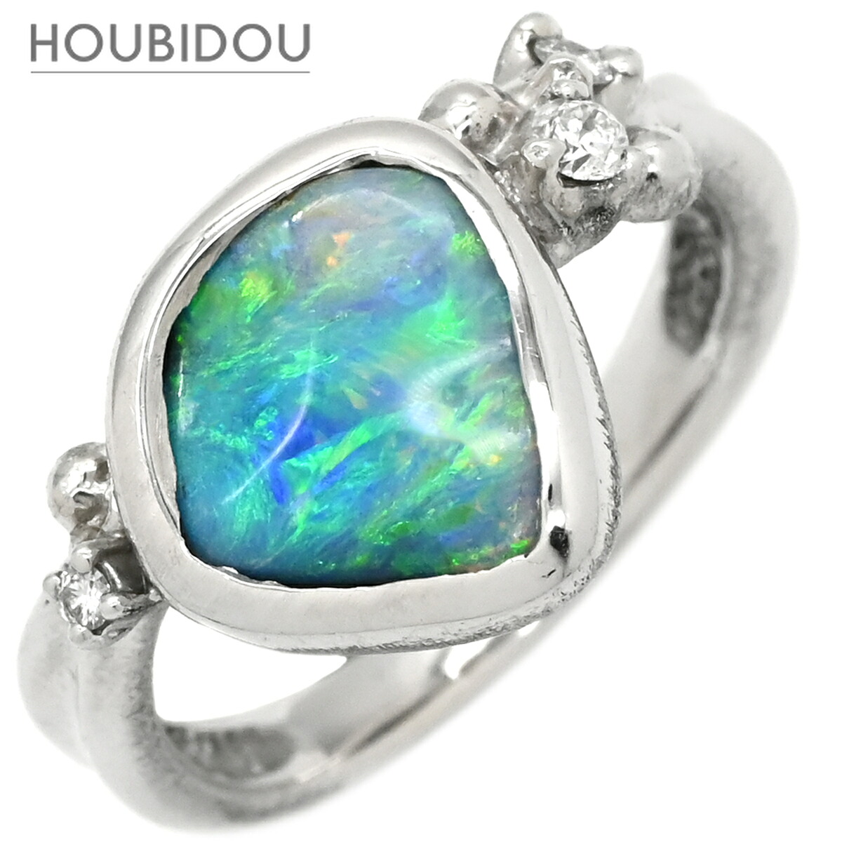 真々田誠次 Seiji Art Jewelry リング 指輪 ボルダーオパール ダイヤ ブルー×プラチナシルバー Pt900 遊色 プレイオブカラー フリーシェイプ ハンドメイド 13号 【保証書】【中古】