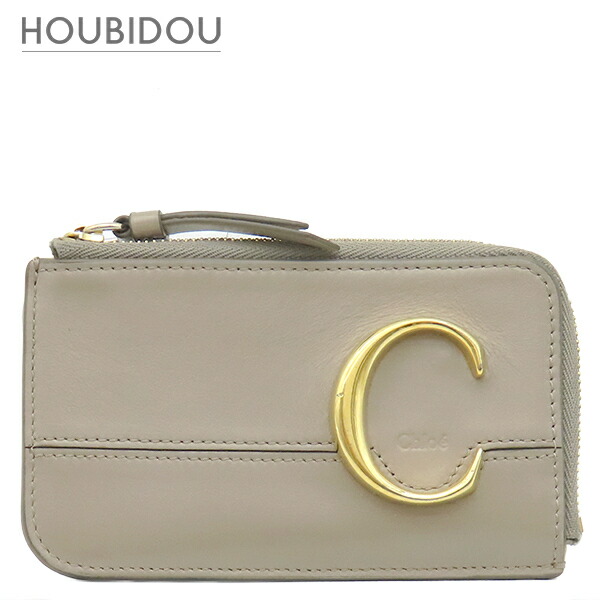 クロエ Chloe コインケース クロエC レザー グレー ゴールド金具 カードホルダー フラグメントケース グレージュ CHC19UP059A37【中古】