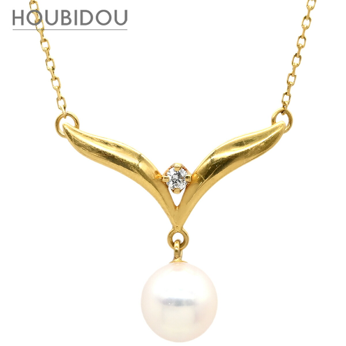 ミキモト MIKIMOTO ネックレス パールネックレス パールホワイト×イエローゴールド MIKIMOTO 真珠 18K 18金 Au750 ダイヤ V字 パールスウィング 【中古】