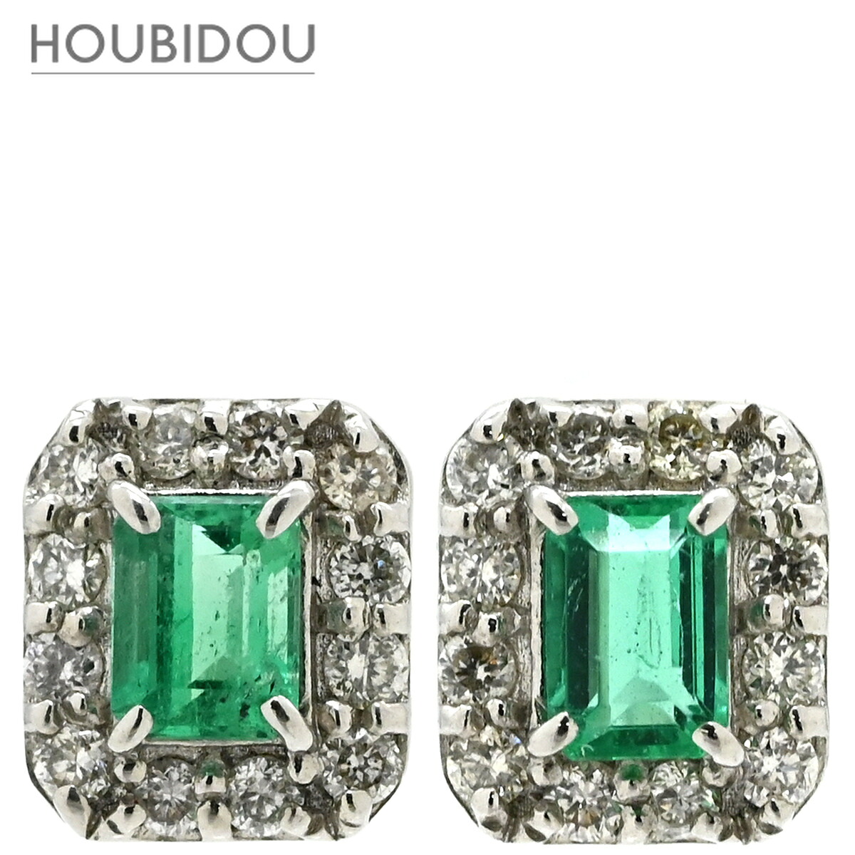 ピアス エメラルド ダイヤ グリーン×プラチナシルバー 緑 スクエア エメラルドカット プラチナ900 【中古】|HOUBIDOU 心斎橋店