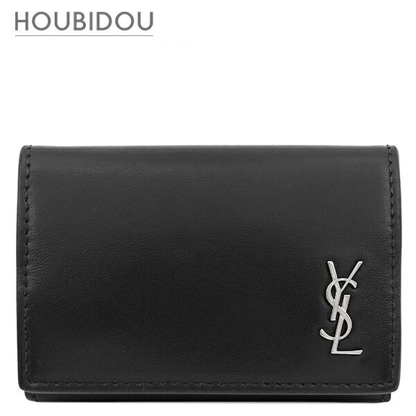 サンローラン SAINT LAURENT 三つ折り紙入れ YSL ロゴタイプ パウダーコンパクト ウォレット なめし革 黒いこと しろがね色金具 黒 3つ折り ミニ紙入れ 685656 【箱】【中古】