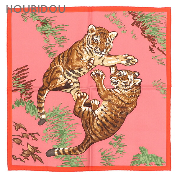 エルメス HERMES えり巻き カレ45 ガヴロッシュ 地絹 サクラ色×マルチ色つや 【Les Tigreaux/レ ティグロー】 【中古】