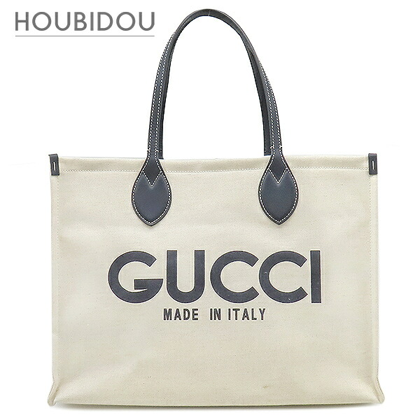 グッチ Gucci トートバッグ ロゴ プリント キャンバス レザー ベージュ×ネイビー シルバー金具 肩掛け ショルダー 白 紺 772176【中古】|HOUBIDOU 心斎橋店