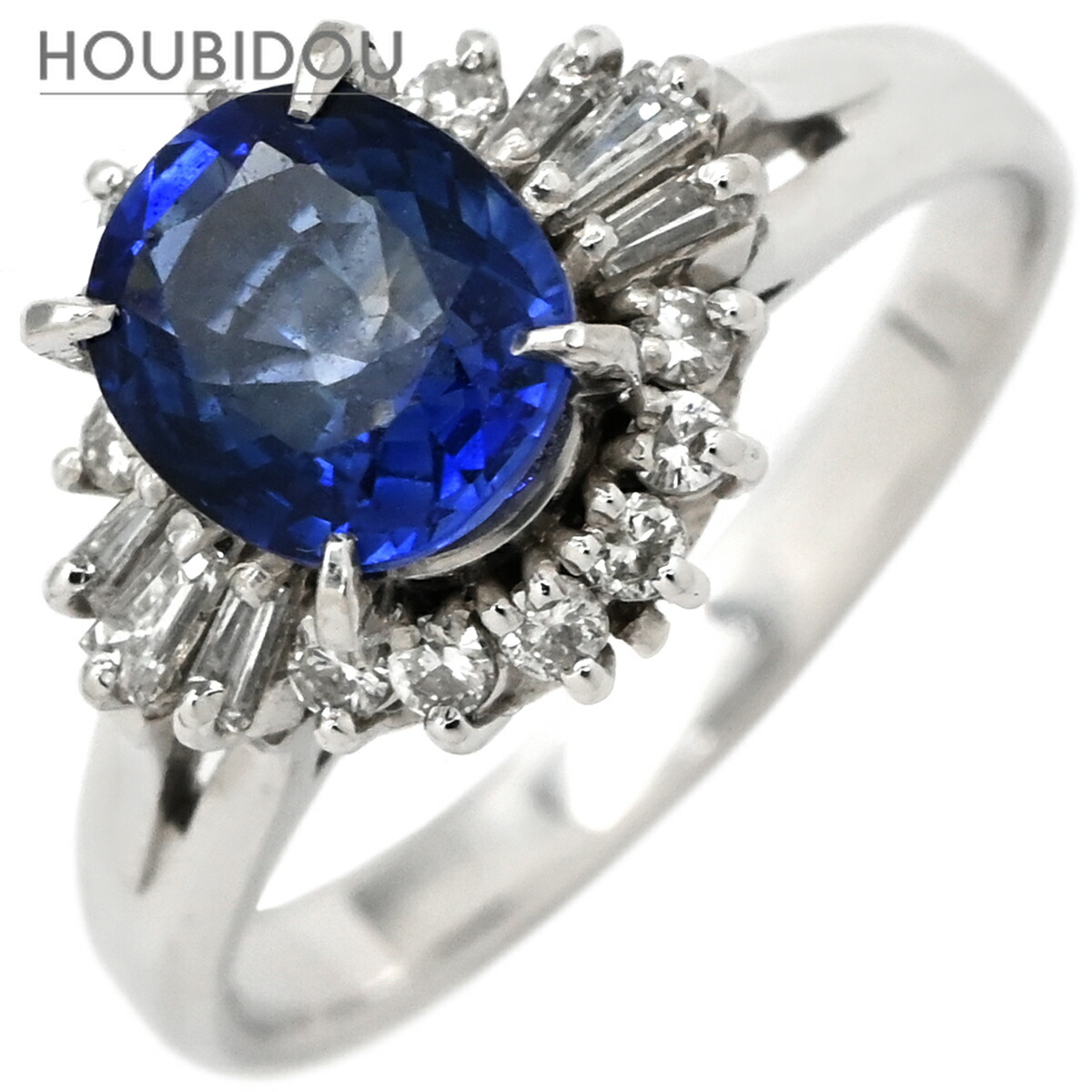 リング 指輪 ブルーサファイア 1.45ct ダイヤ 0.28ct ブルー&times;プラチナシルバー 青 プラチナ オーバルカット ヘイローデザイン 12号【中古】｜HOUBIDOU 心斎橋店