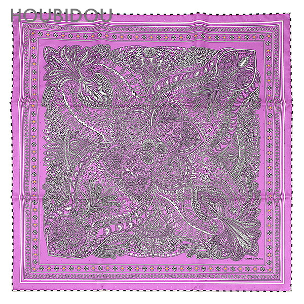 エルメス Hermes えり巻き カレ55 地絹 シクラメン×白いこと×黒いこと 【Le Jardin de la Maharani /マハラニの庭】  【箱】【中古】