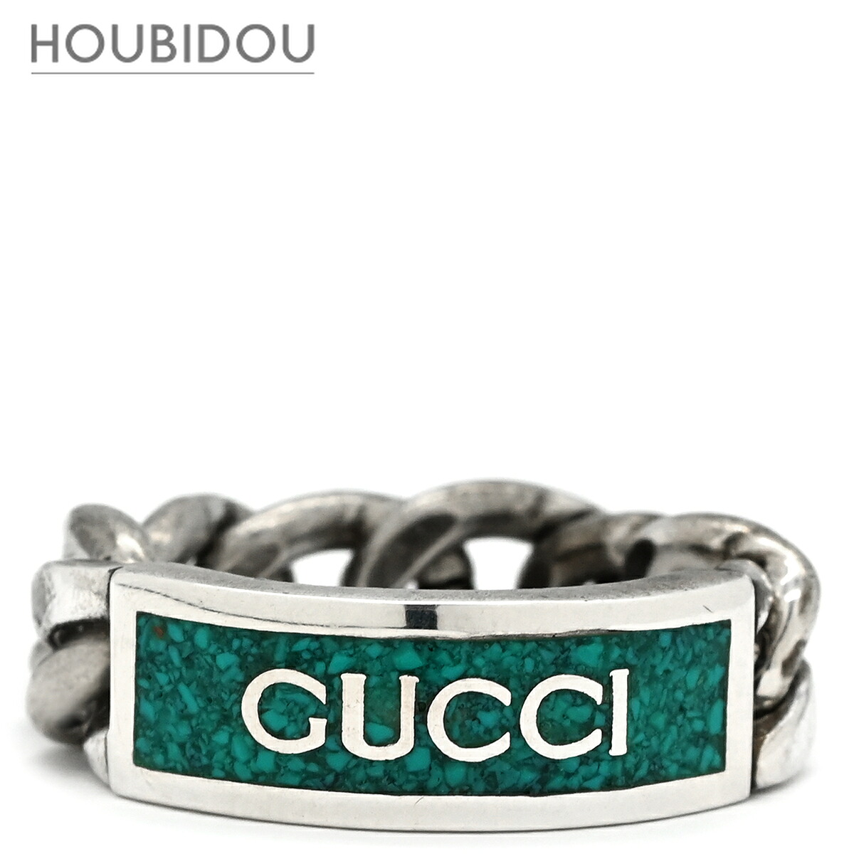 グッチ GUCCI 輪っか 指環 ロゴタイプ チェーン店 しろがね色925 エナメル 緑であること×しろがね色 #16 AG925 SV925  16号【中古】