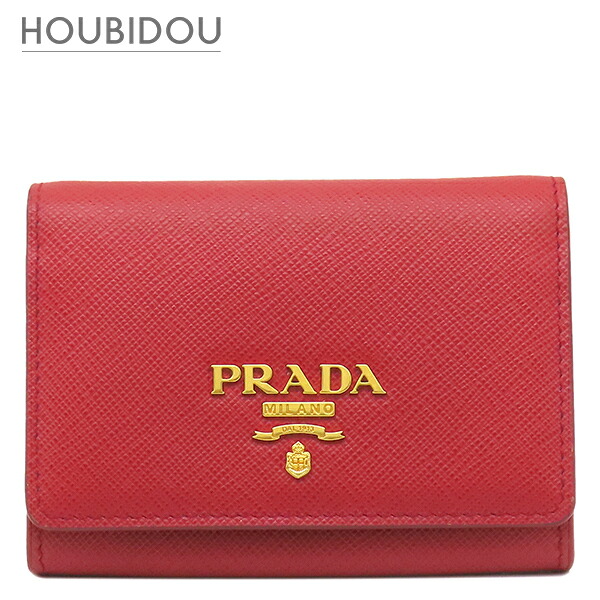 プラダ PRADA 二つ折り紙入れ サフィアーノ コンパクトウォレット なめし革 FUOCO ゴールド金具 赤 金属元素ロゴタイプ ミニウォレット  1MH026【中古】