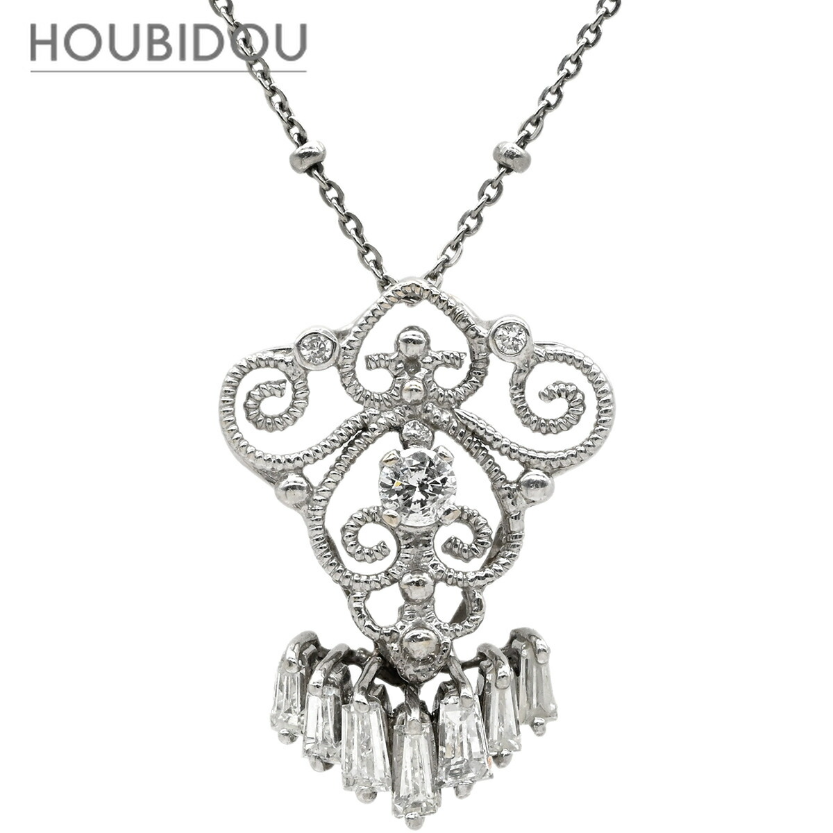 ネックレス ダイヤモンド 0.78ct ホワイトゴールド&times;プラチナシルバー K18WG Pt900 Pt850 コンビ シャンデリアペンダント バゲットカット 【中古】｜HOUBIDOU 心斎橋店