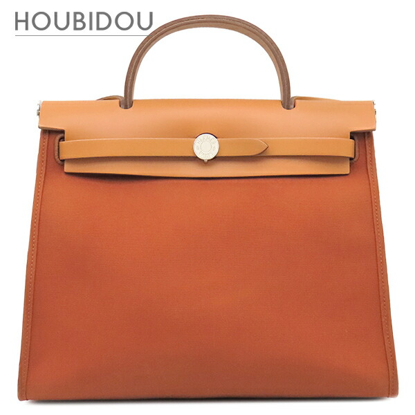 エルメス HERMES 2WAY御徒面子 エールバッグジップPM 31  トワルオフィシエ ヴァッシュハンター オレンジ色×自然的 しろがね色金具 茶 バイ色合い  A【中古】