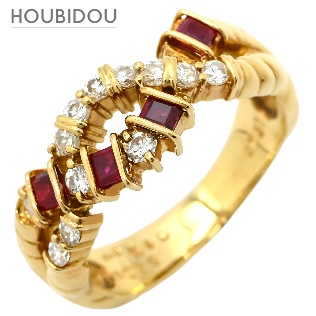 ベルギー ダイヤモンド BELGIAN DIAMOND リング 指輪 ルビー ダイヤモンド デザインリング レッド&times;イエローゴールド 赤 Au750 18K 18金 YG バケットカット 11号 【箱】【中古】｜HOUBIDOU 心斎橋店