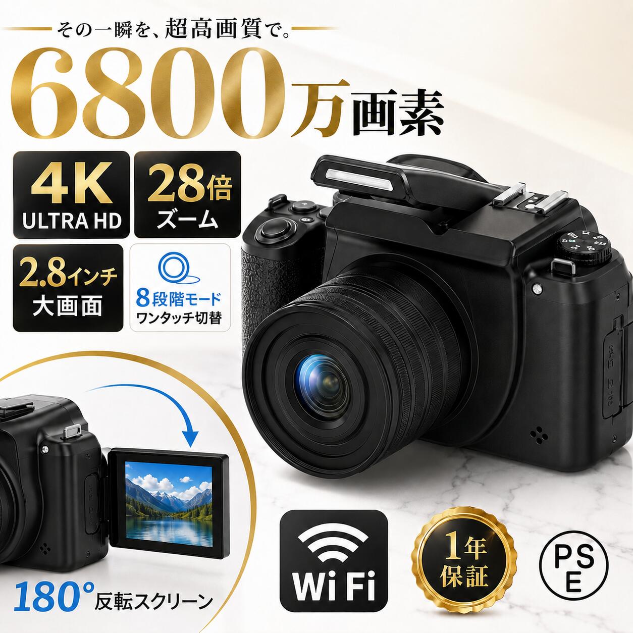 デジタルカメラ 一眼レフカメラ 初心者 セット デジタルカメラ WiFi対応 大画面液晶 4K高画質 6800万画素 IRナイトビジョン28倍ズーム 電子手ブレ補正 2.8インチ大画面 自撮りカメラ動画撮影 軽量 子供用 入門用 携帯便利 修学旅行 YouTube 運動会 花火大会｜Myfactory