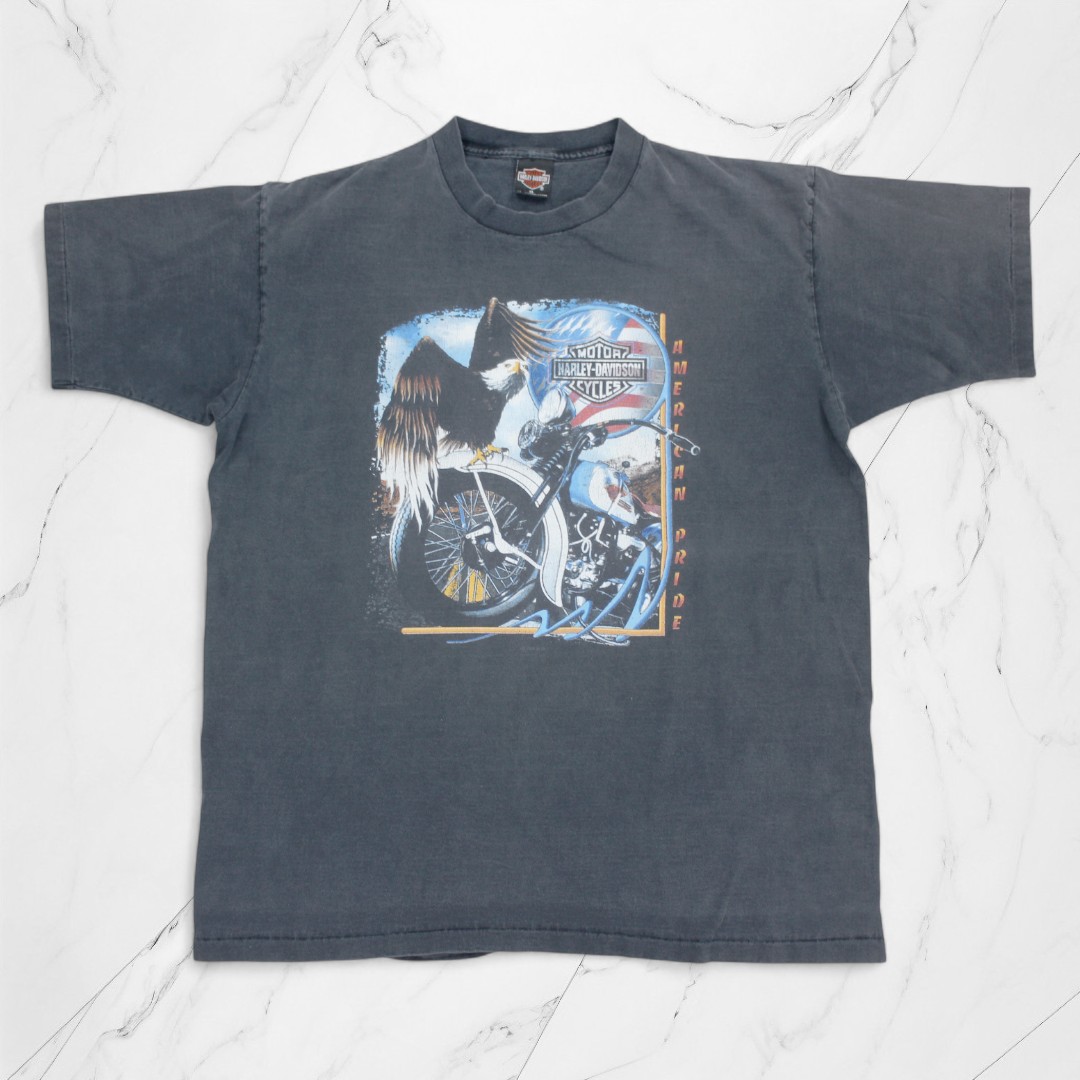 古着 90s USA製 ハーレーダビッドソン Harley Davidson T-Shirts Washed Black ティーシャツ シングルぬい目 半袖 【Vintage】 メンズファッション-Tシャツ・カットソー-トップス