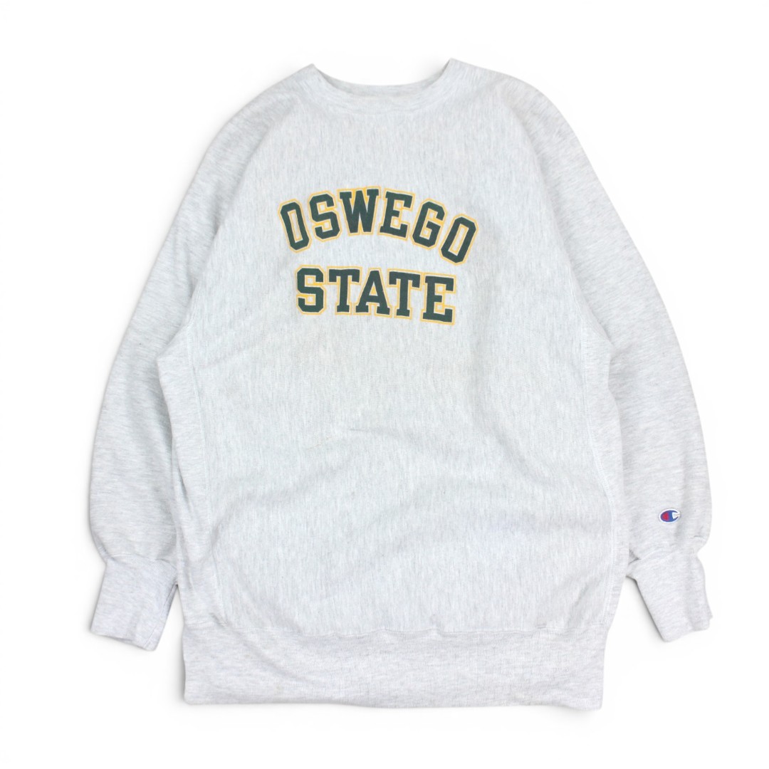 古着 90s MEXICO製 Champion Reverse Weave OSWEGO STATE Grey はやりっ児 リバースウィーブ 汗水 労働者の一団のど首 t005cp012