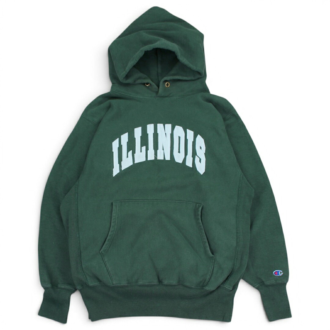 古着 90s USA製 Champion Reverse Weave ILLINOIS Fade Olive Green はやりっ子 リバースウィーブ カレッジスウェットパーカー t005cp022