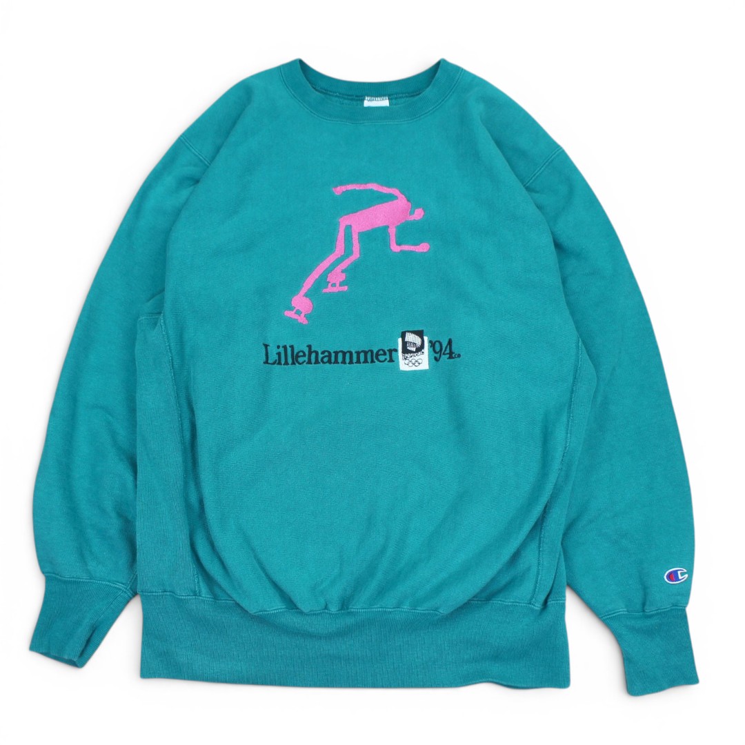 古着 90s USA製 Champion Reverse Weave Lillehammer \u002794 Turquoise Green はやりっ児 リバースウィーブ 汗水 労働者の一団のど首 リレハンメル国際オリンピック競技大会 t005cp023