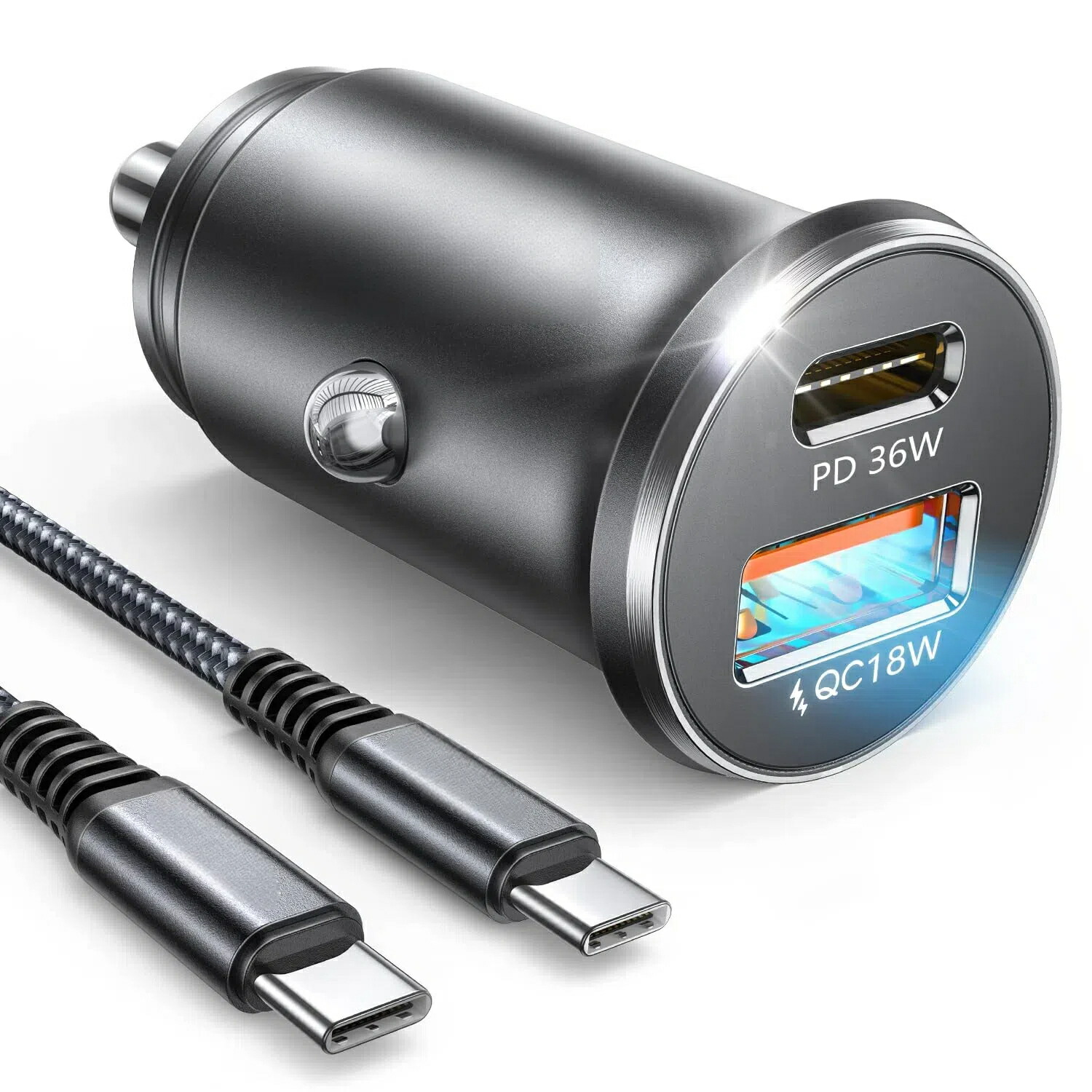 シガーソケット usb-c 急速充電 2ポートケーブル付きシガーソケット 全金属 軽量 カーチャージャー その他対応