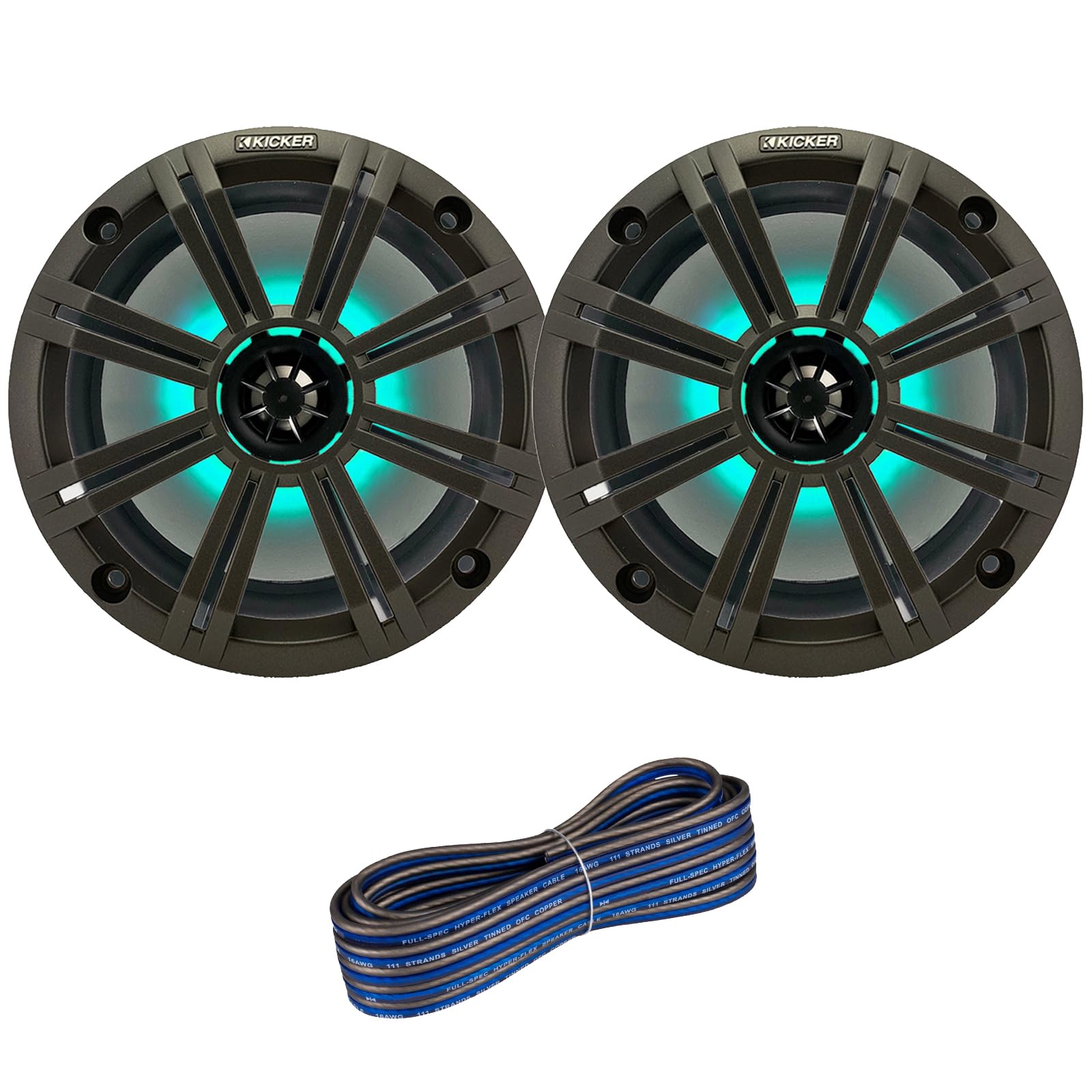 8インチ 2ウェイ 300ワット 最大電力 同軸マリンオーディオ マルチカラー LEDスピーカー ホワイトグリル付き 1ペア (数量2)、50フィート 16ゲージスピーカーワイヤー｜明金万代