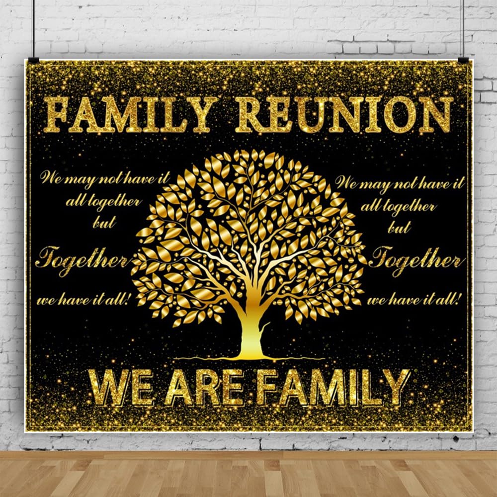 家族の再会背景幕 10x8フィート ブラックとゴールド ファミリーツリー We are Family Welcome to Our Family Members 写真撮影背景 家族の集まり パーティーデコレーション スタジオフォトブース小道具|明金万代