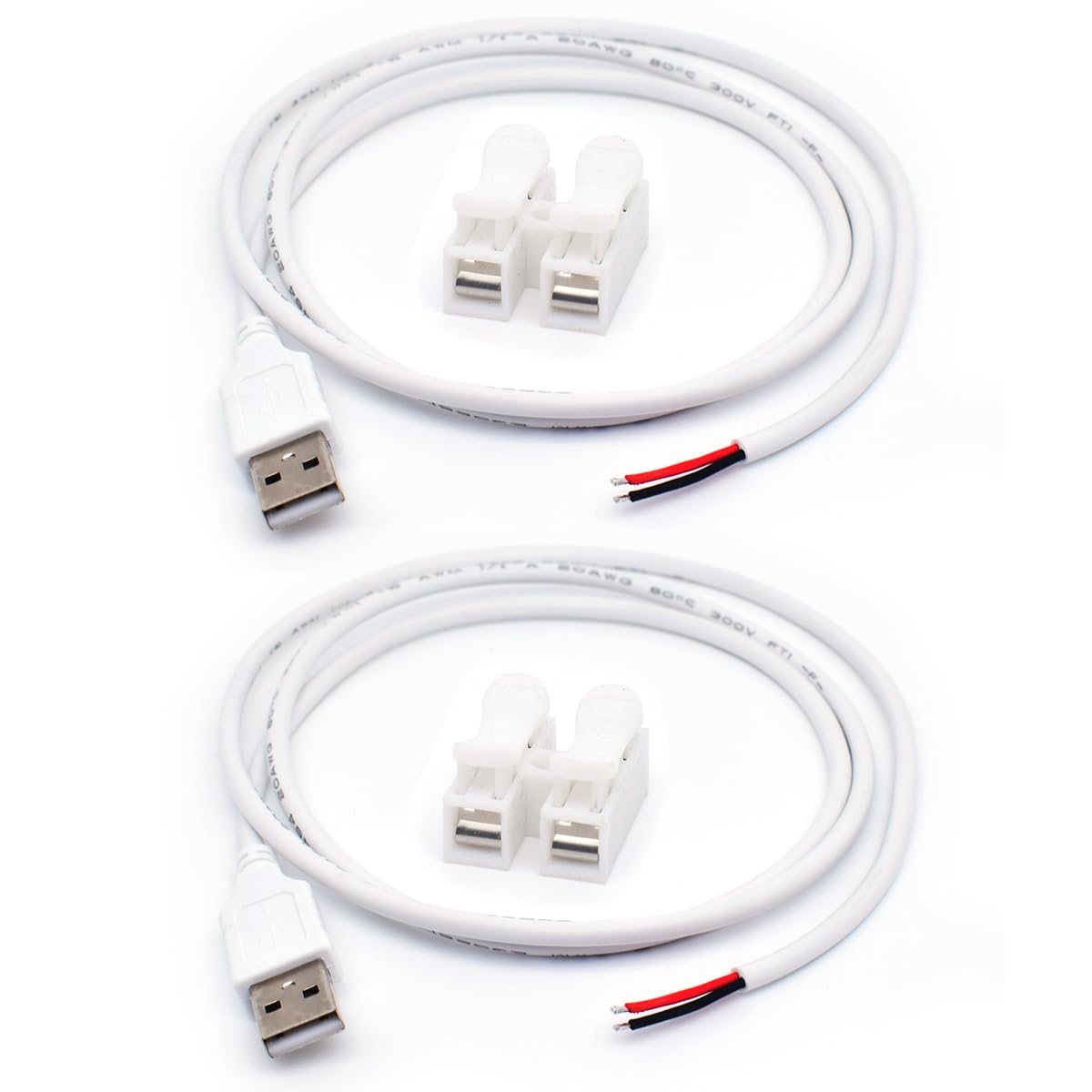 2個 20AWG 白いこと USB ピグテール 牡 2導線 5V 5A 0.3m/1フート USB 2.0 牡繋ぎ 2いの一番 裸線 明けっ広げ挙げ句の果て 導線有線テレビ 取り替えっこ用 取りつくろう DIY ピグテールケーブル 日用品雑貨・文房具・手芸-その他