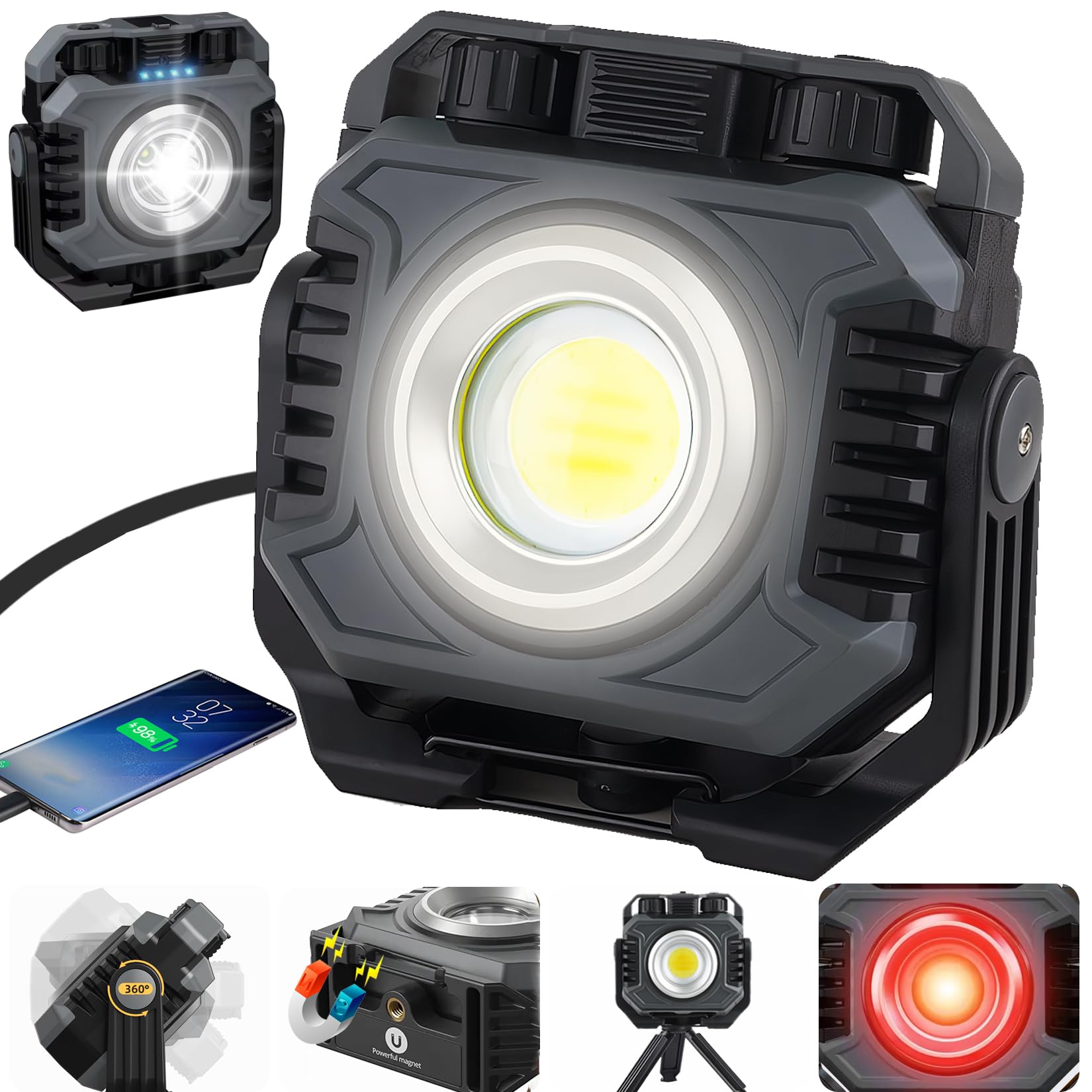 LED投光器 作業灯 COBライト 6000mAH 4000LM 超高輝度 懐中電灯機能 両面照明モード USB充電式 IPX6防水 強力マグネット フック付き 多機能ランタン 小型軽量 モバイルバッテリー機能 夜間作業 夜釣り 車の修理 防災対策 アウトドア 地震対策 停電用 日本語説明書付