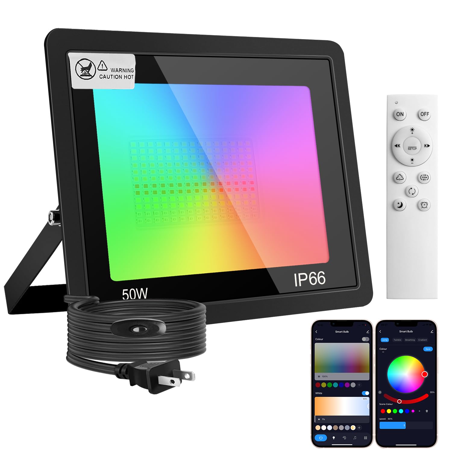 スマート LED投光器 50W 対応 カラーライトRGBCW1600万色 2700?-6500? 屋外 ガーデンライト 1-100％調光調色 100-110V IP66防水 フラッドライト 庭園灯 リモコン操作（電池別途買う必須） 屋内 イルミネーション 照明
