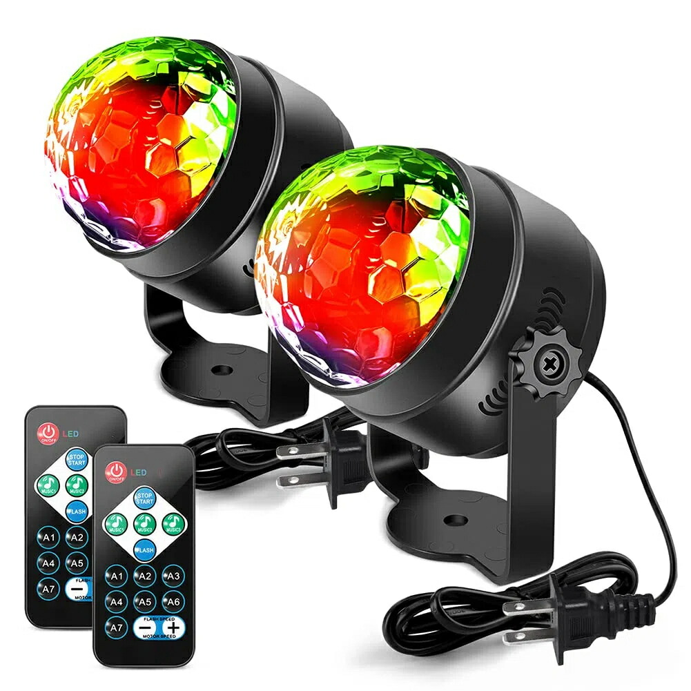 LED ミラーボール ディスコライト 家庭用 7色 RGB 回転 リモコン付き 音声起動 多色変更 クラブ パーティー ステージ 舞台照明 (2個セット)