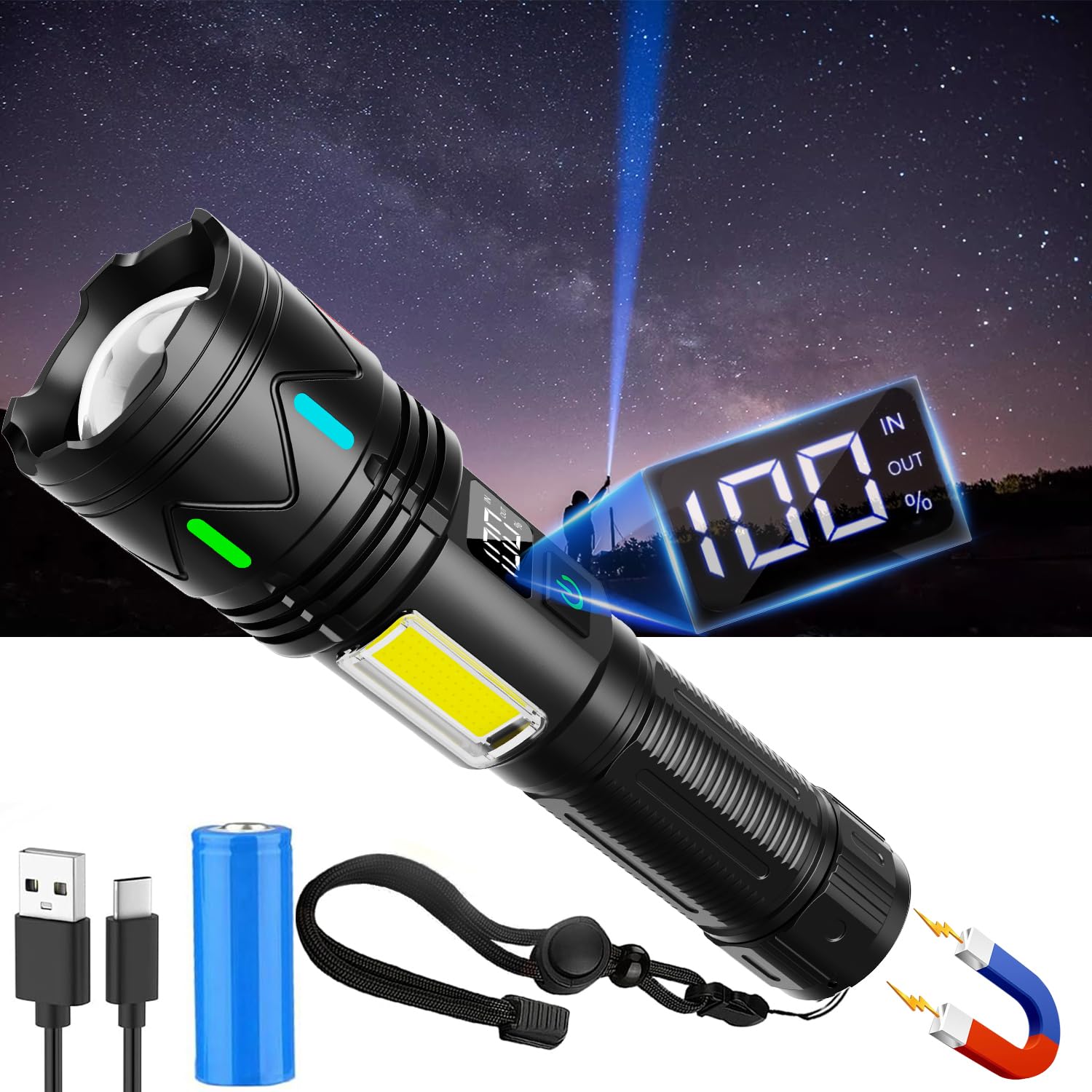 LED 懐中電灯 ディジタル電気量 軍用 最強 4000000ルーメン超高輝度 明るい ペンライト 超強力 ハンディライト 5モード ズーム調整 Type-C USB充電式 ハンドライト 軽量小型 電池式 フラッシュライト 防水 T 手持ち 作業用