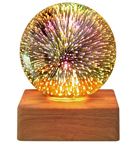 LED 花火 3D スター効果 カラフルナイトライト USBプロジェクターランプ マジッククリスタルガラスボール ナイトライト 木製ベース 装飾ランプ ギフト&装飾に 友人や家族へのギフトに (星)