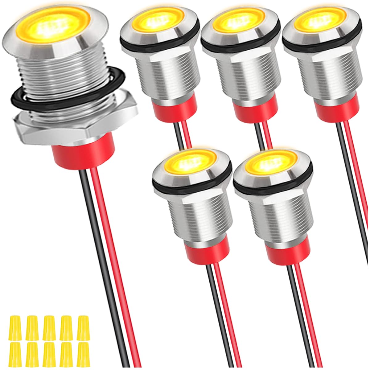 6個 12mm DC 12-24V 1A の黄色 LED の金属の表示燈の防水信号ランプのパイロットのダッシュの方向車の内部のトラックのボートのエンジンの taillight のための 150mm ケーブル長そして配線帽子が付いている
