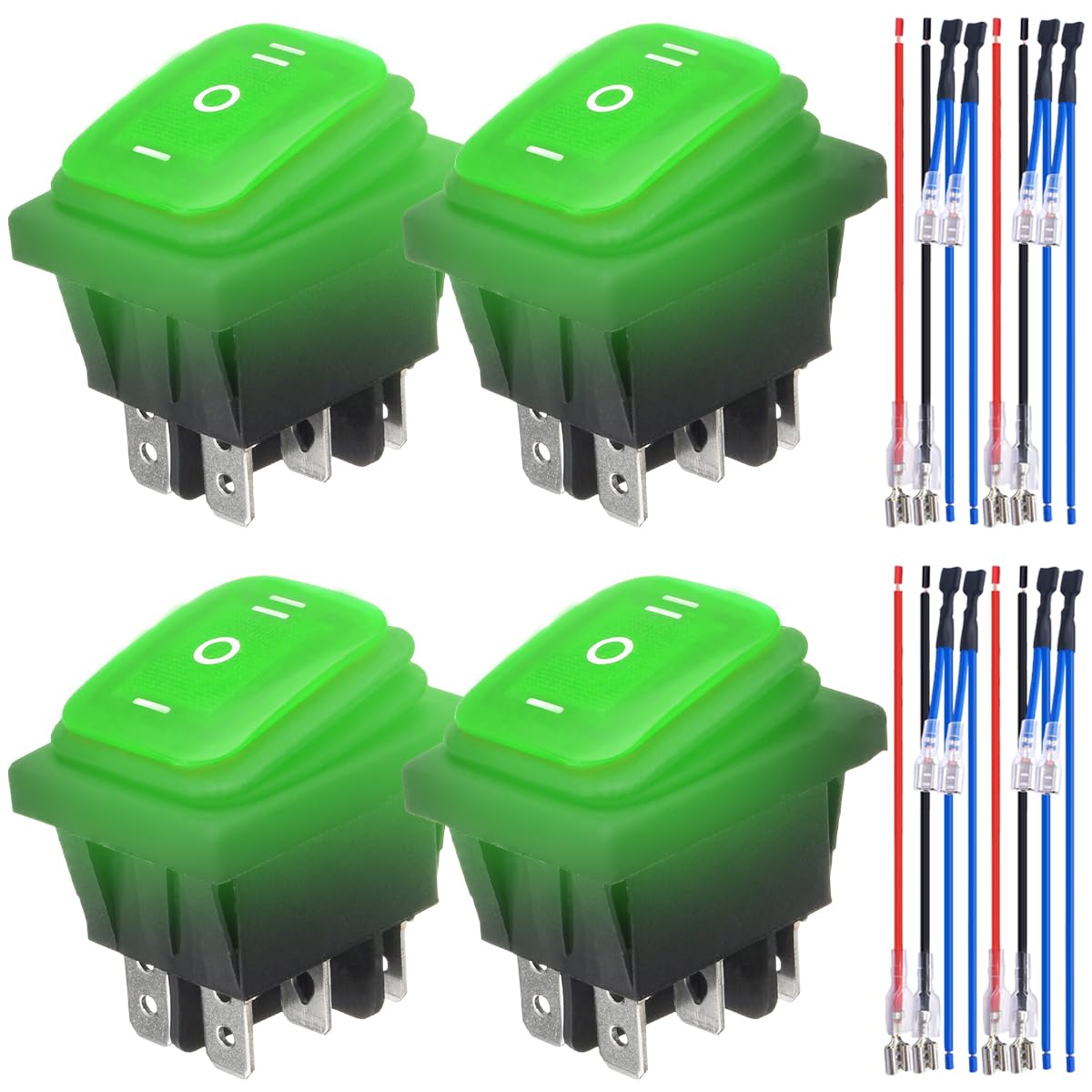 4個 の緑 LED ライトによって照らされる極性の逆転スイッチ防水制御 20A 12V DC DPDT 6Pin 車のボートのトラックのためのジャンパー ターミナル ワイヤーが付いているON/OFF/ON ロッカーのトグル スイッチ