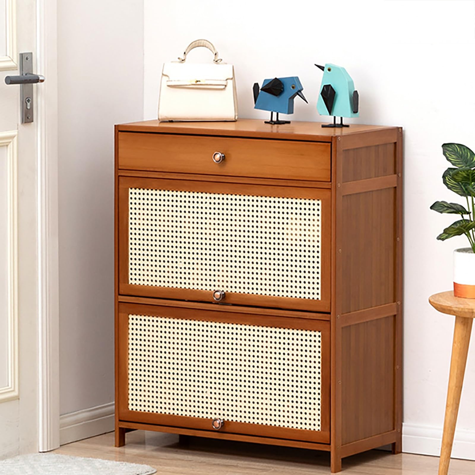 縦長 扉付き シューズラック 下駄箱 奥行32cm 靴箱 キャビネット シューズラック シューズオーガナイザー エントランス 玄関 収納 小物収納 靴ラック 省スペース 大容量 竹製 シューズラック 木製 靴収納 メッシュドア 引き出し1個付き(3ドアは長さ70cm)