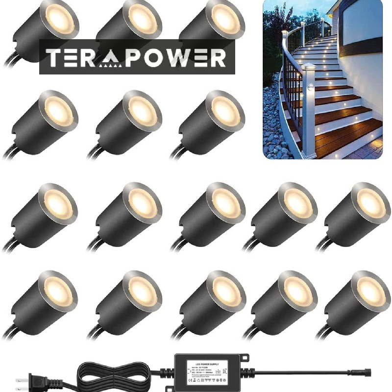 ウッドデッキライト 地中埋込型ライト ローボルトライト 屋外 明るい 防水 屋外 電球色LED コンセント付き 16灯 コネクター式 設置超簡単 DC12V コンパクト DIY照明mini 16個・セット 日本語説明書付き