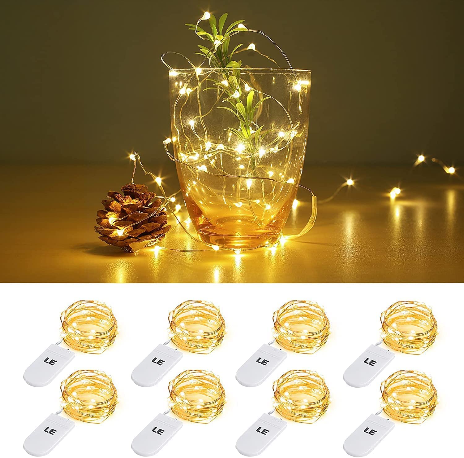 LEDストリングライト 電池式フェアリーライト LEDイルミネーション 1m 20LED 電球色 防水銅線ワイヤー ハロウィン 飾り付け クリスマス飾り 結婚式 パーティー 装飾ライト クリスマスツリー電飾 おしゃれ 4個パック ボタン電池8個付属