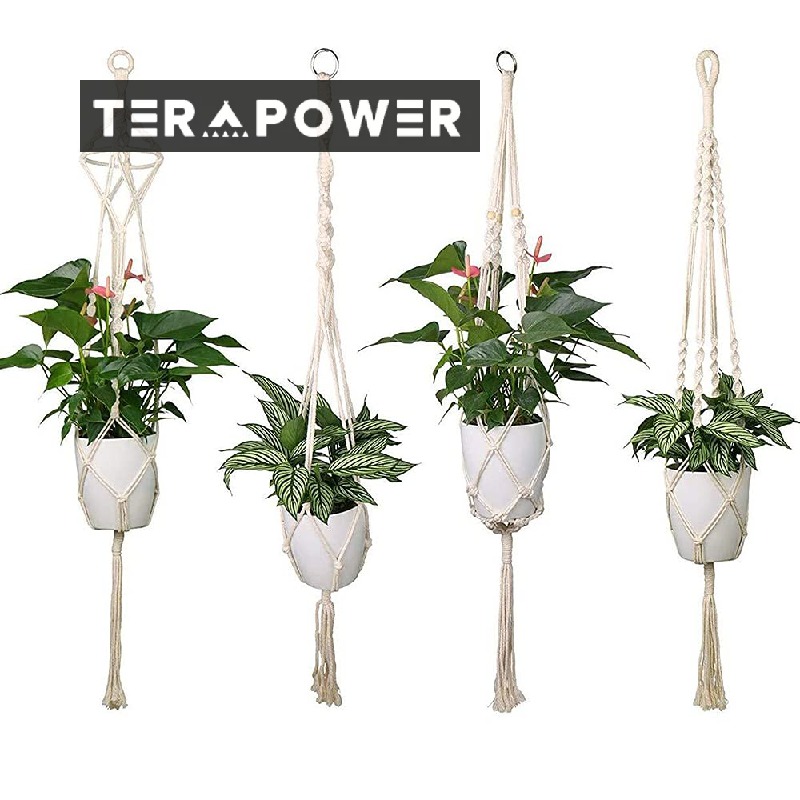 4点セット吊り下げられた綿織り植物棚手作業綿ロープ 掛け植物容器セット植木鉢棚、室内室外ガーデン装飾 植物ハンガー マクラメ 麻縄 植物ホルダー 吊り下げ プラントハンガー 観葉植物 多肉 花植物 ロープ ハンギングプランター 装飾 家庭植物 ホームインテリア ご注意