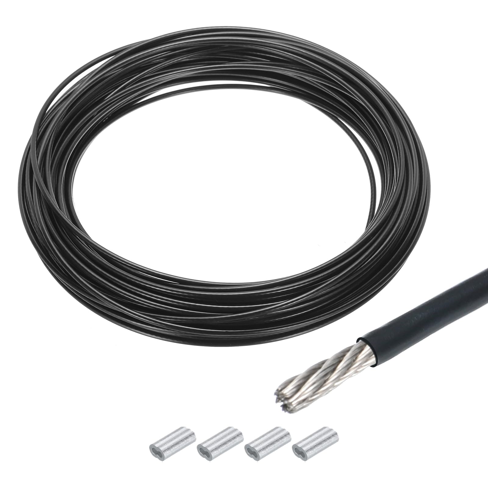 ワイヤーロープ 304ステンレス鋼ケーブル 5/32" (4 mm) ビニールコーティング 6個 アルミスリーブ付き ハンギング クローゼット リフティング 黒|明金万代