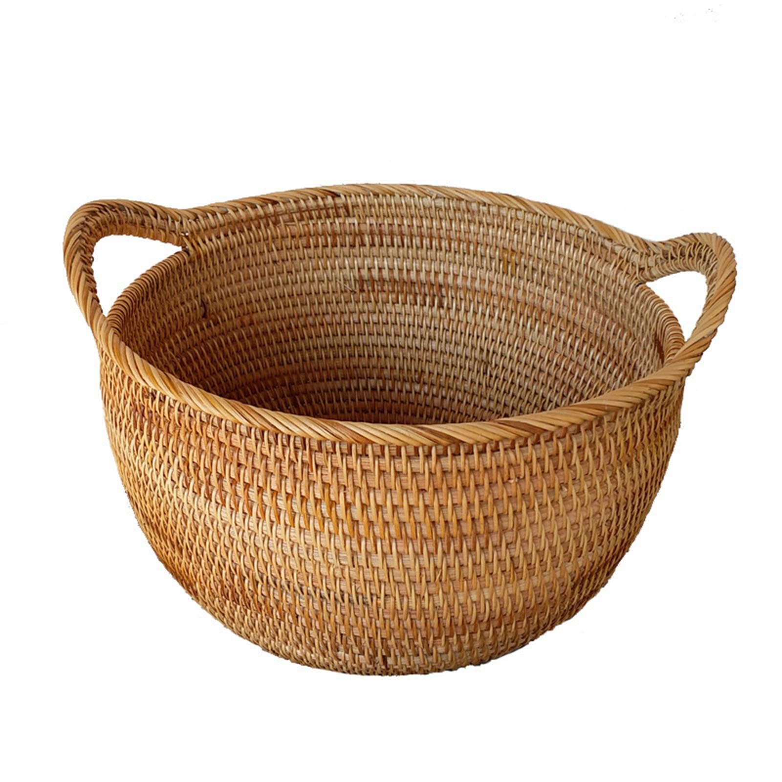 かご ラタン製 藤かご オシャレ フルーツかご ナチュラル 取っ手付き 手工芸品 円型 収納バスケット 家庭 ホテル 雑貨屋(32×30×20cm)
